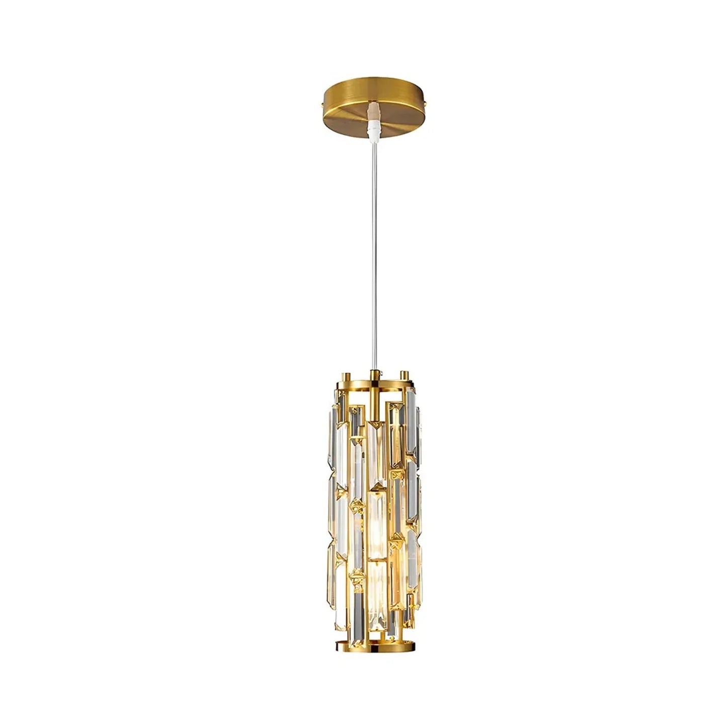 Modern crystal pendant light featuring a cylindrical gold frame with clear crystal prisms, suspended by an adjustable white cord from a gold