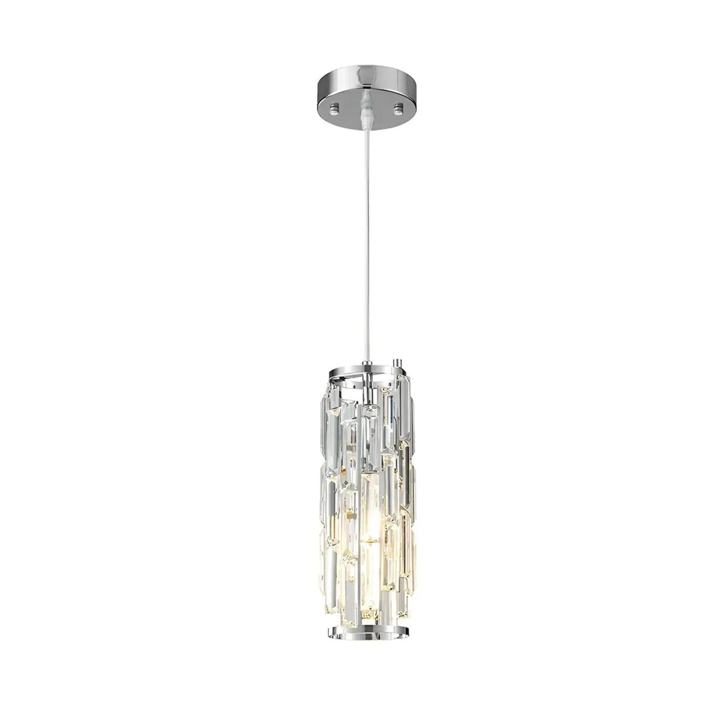 A modern crystal pendant light featuring a cylindrical shade of clear crystal prisms, a white adjustable cord, and a polished chrome ceiling