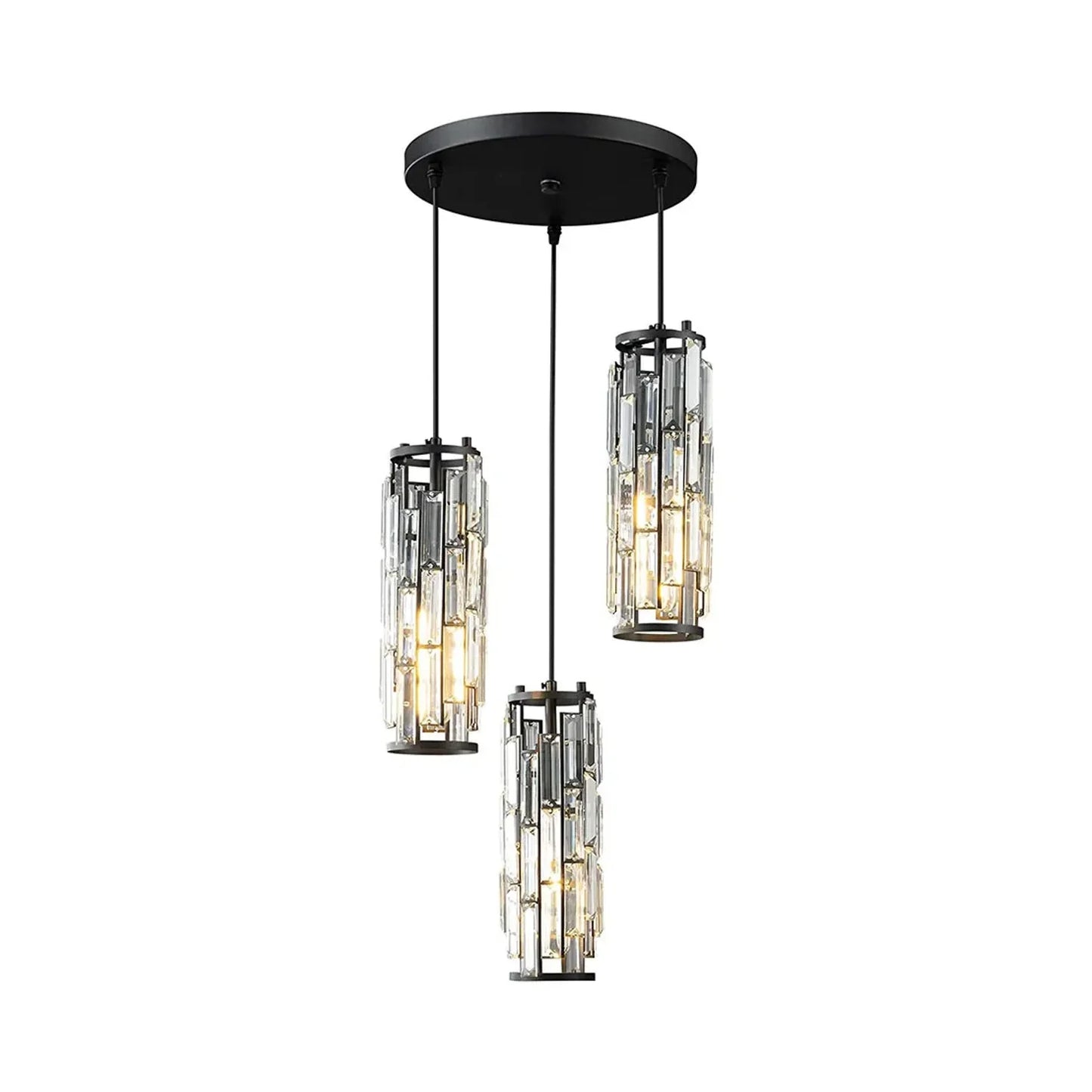 Modern 3-light crystal pendant light with a black circular ceiling plate and three staggered cylindrical crystal shades, illuminated.