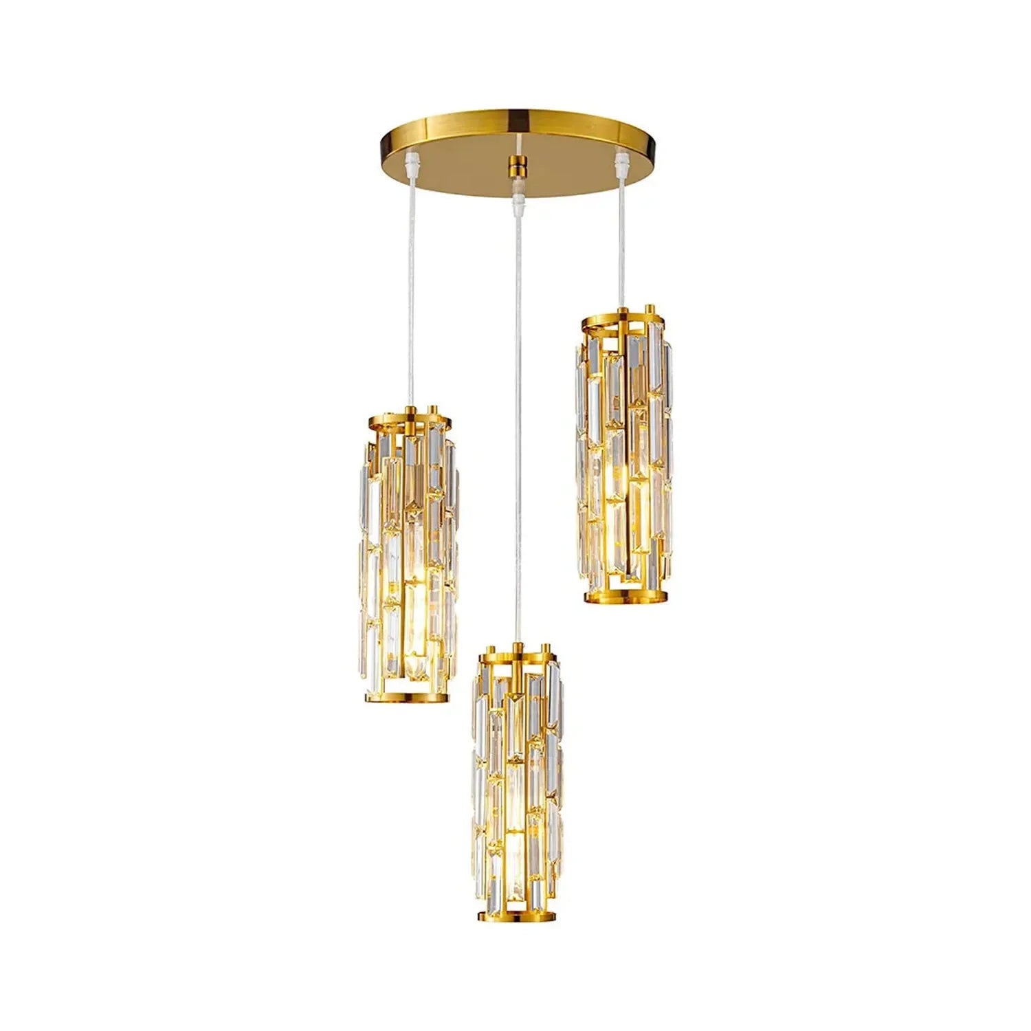 Modern three-light crystal pendant fixture with gold cylindrical shades hanging at staggered heights from a circular gold ceiling canopy