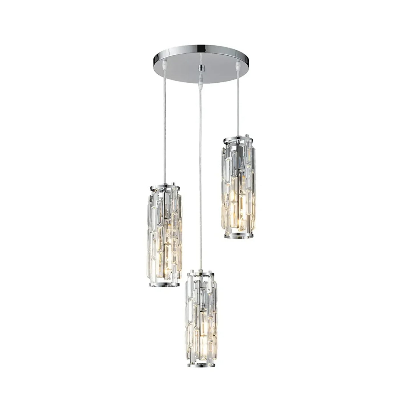 Modern three-light crystal pendant fixture featuring cylindrical shades hanging at staggered heights from a polished chrome ceiling plate.