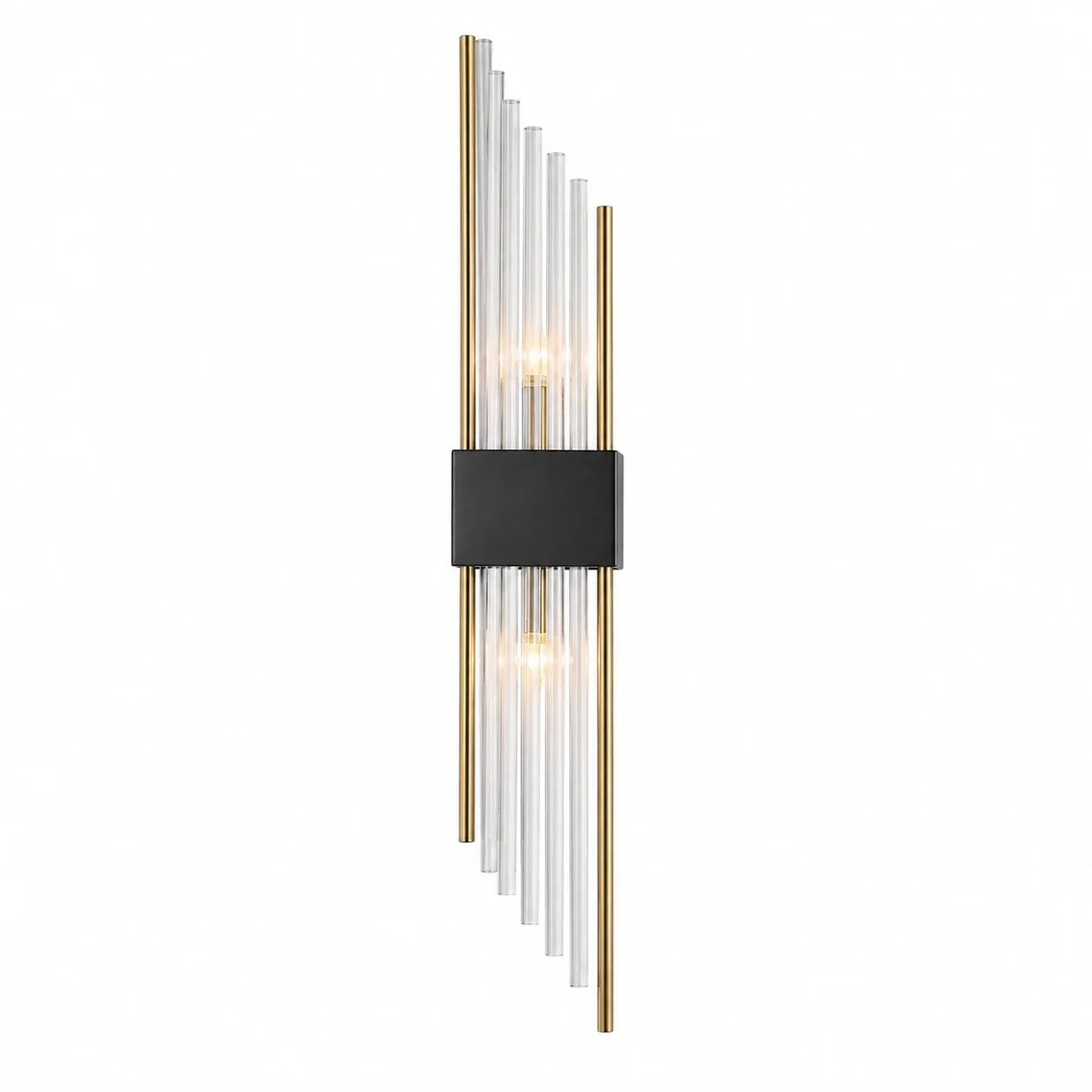 Modern wall light featuring a central black rectangular mount with vertical crystal glass rods and gold metal accents for an elegant up and down glow.
