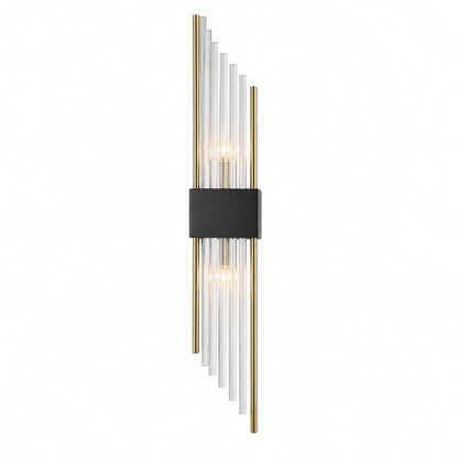 Modern wall light featuring a central black rectangular mount with vertical crystal glass rods and gold metal accents for an elegant up and down glow.