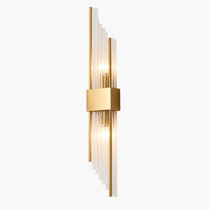 Modern wall light featuring a gold metal frame with vertical crystal glass rods arranged in an elegant up and down lighting design for indoor spaces.