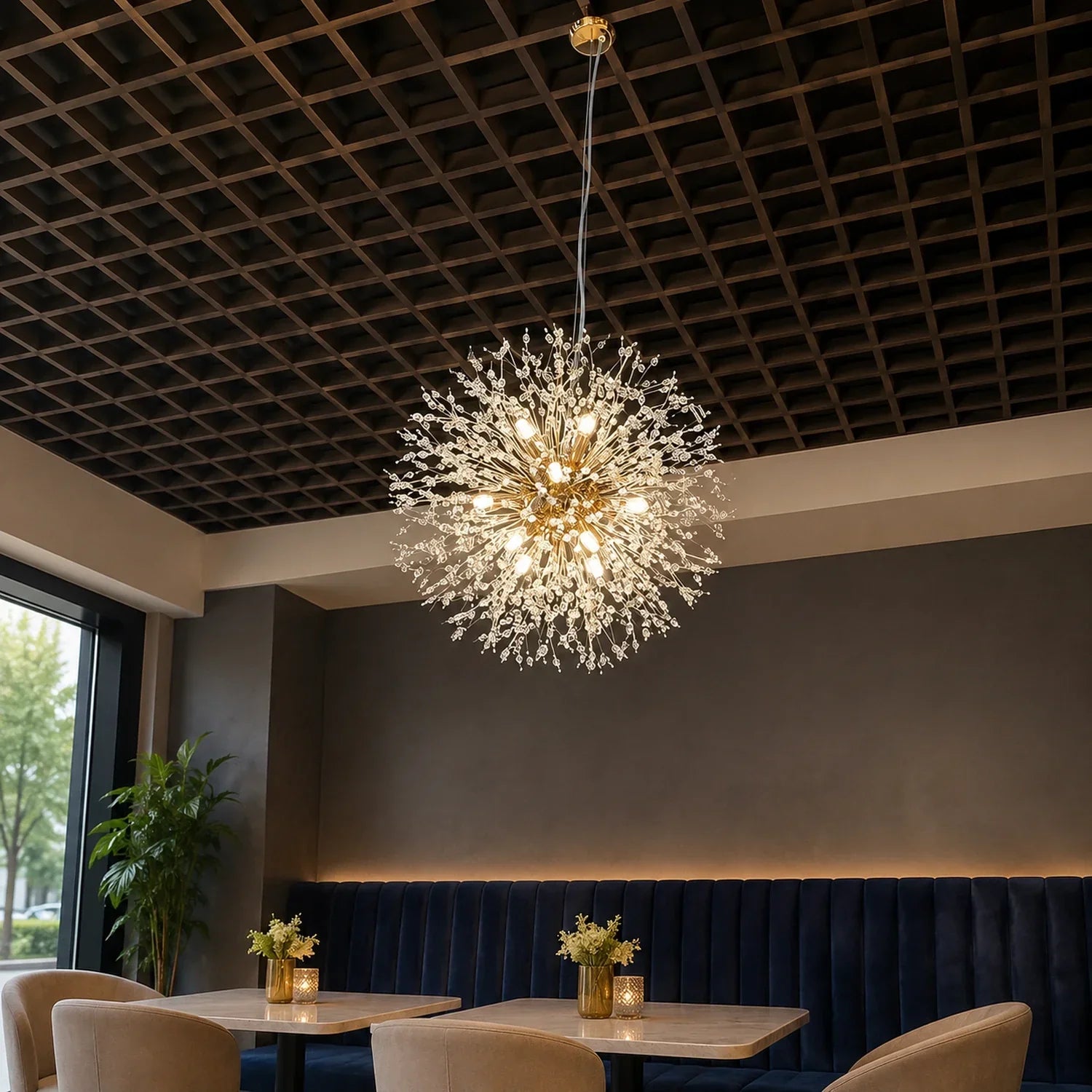 Modern dandelion LED pendant light with a spherical crystal design suspended in a contemporary dining room with a dark coffered ceiling and blue seating.