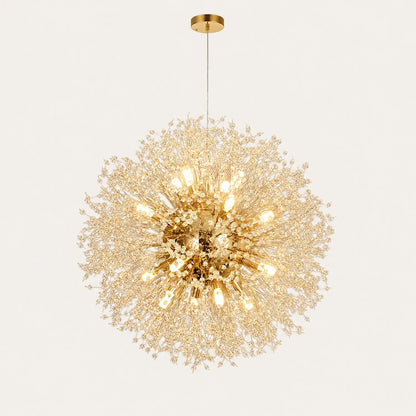 A spherical modern dandelion LED pendant light with a gold finish, featuring delicate radiating branches tipped with glowing lights against a plain backgro