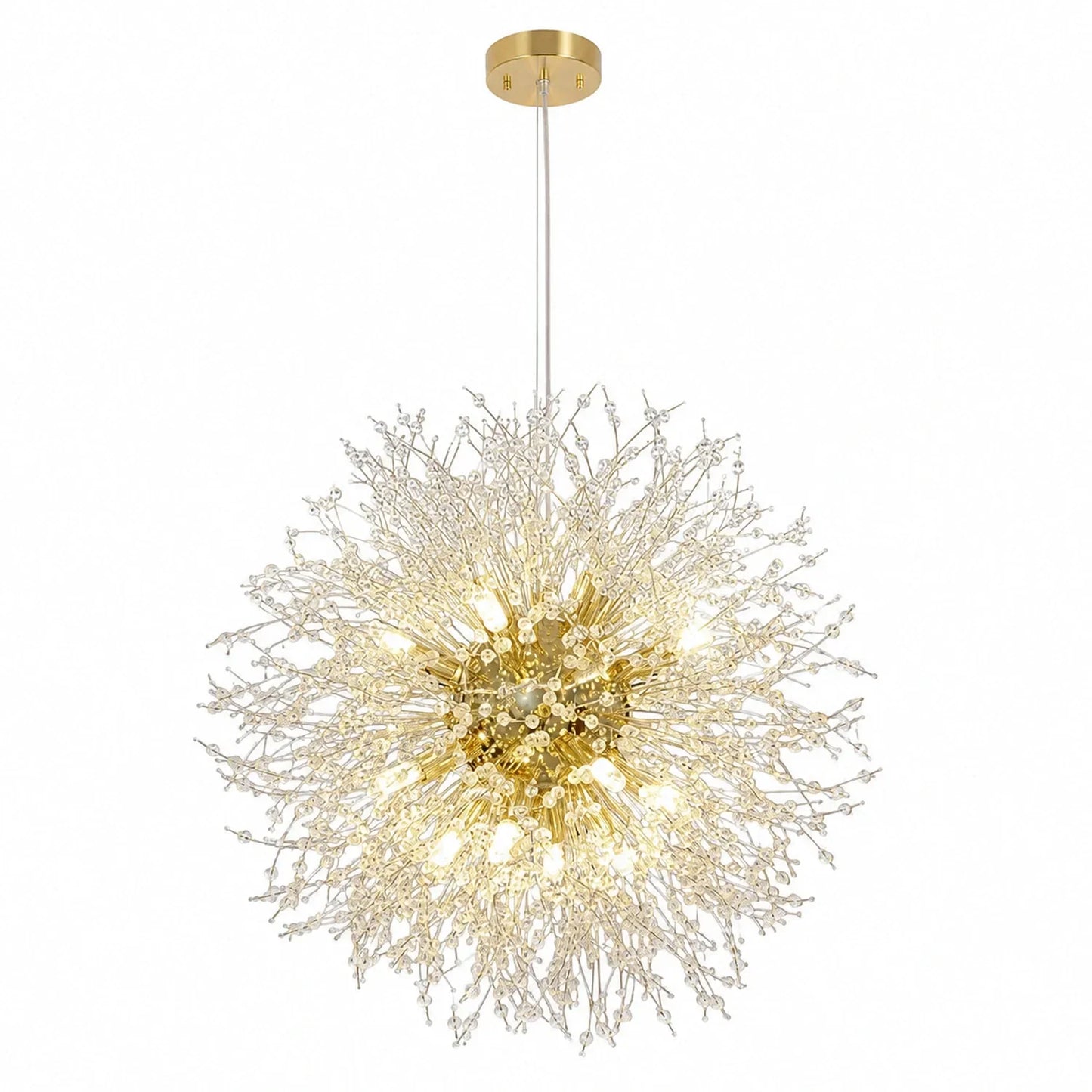 Modern dandelion LED pendant light featuring a spherical gold structure with delicate crystal-tipped branches, suspended from a matching gold ceiling rose.