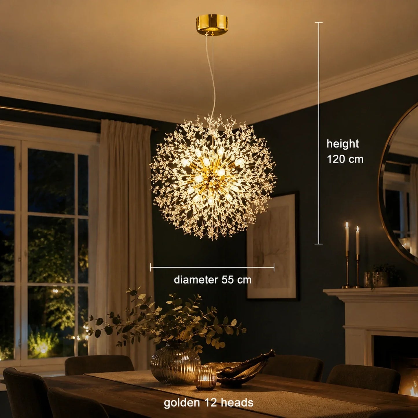 Modern golden 55cm dandelion LED pendant light with 12 heads, illuminating a contemporary dining room with warm, ambient lighting and clear dimensions.
