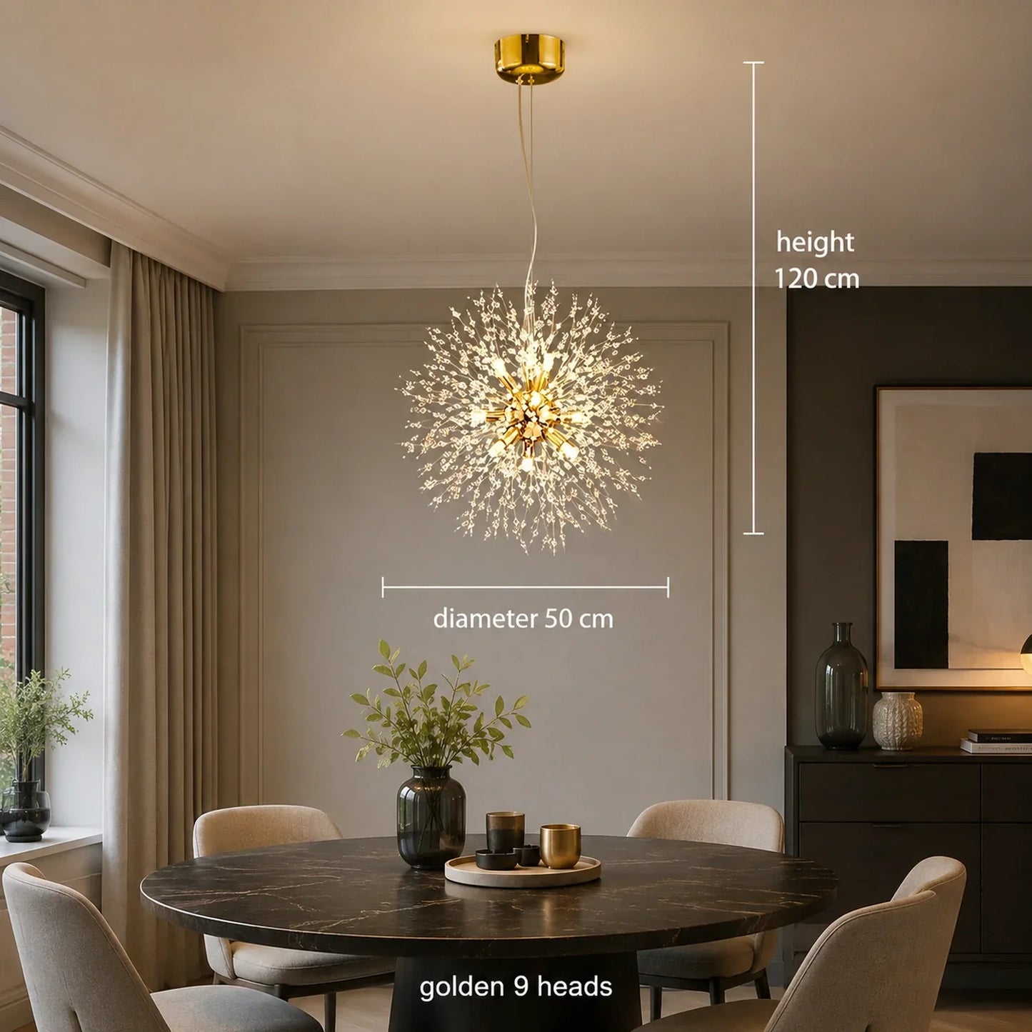 Modern golden dandelion pendant light with 9 heads, 50cm diameter and 120cm height, illuminating a contemporary dining room with a marble table.