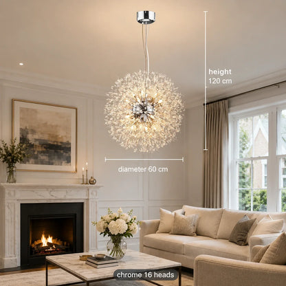 Modern 60cm chrome dandelion LED pendant light with 16 heads, shown in a contemporary living room with dimensions indicating a 120cm total height.