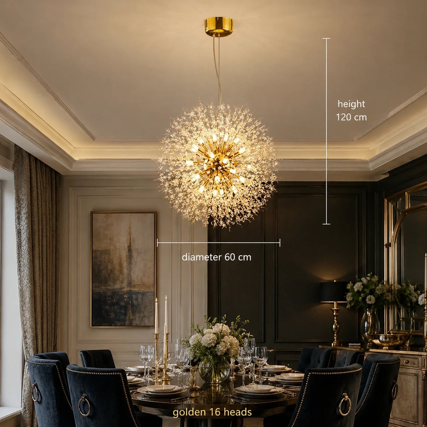 Modern golden 60cm dandelion LED pendant light with 16 heads, hanging as a contemporary chandelier above a dining table in a stylish living room.