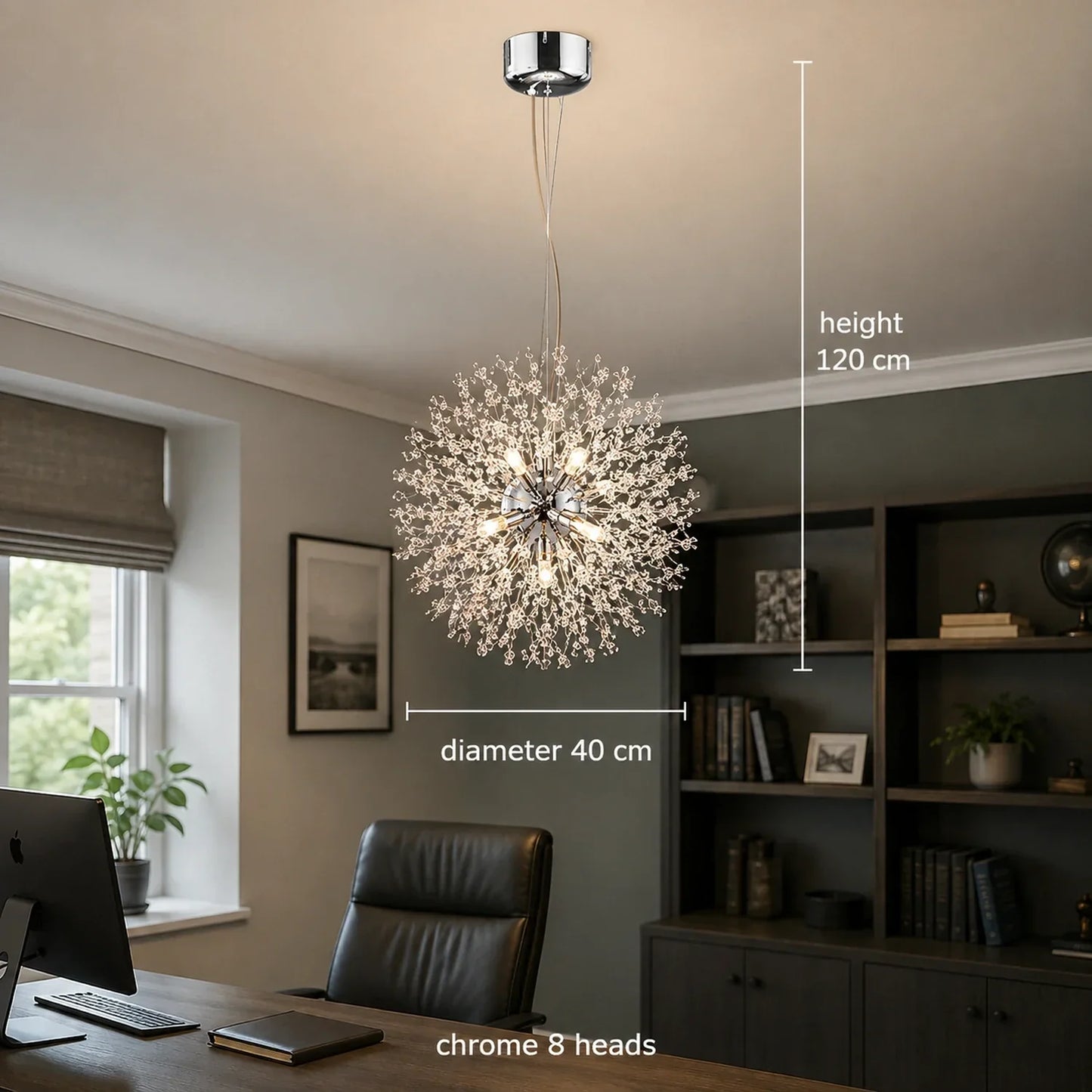 Modern 40cm chrome dandelion LED pendant light with 8 heads, suspended in a contemporary home office, showing dimensions of 120cm height and 40cm width.