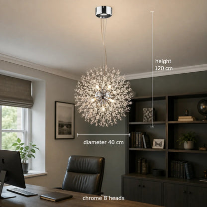 Modern 40cm chrome dandelion LED pendant light with 8 heads, suspended in a contemporary home office, showing dimensions of 120cm height and 40cm width.
