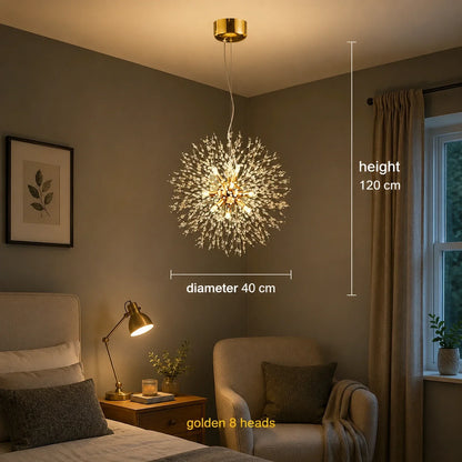 Modern golden dandelion LED pendant light with 8 heads, 40cm diameter and 120cm height, suspended in a contemporary bedroom with warm ambient lighting.