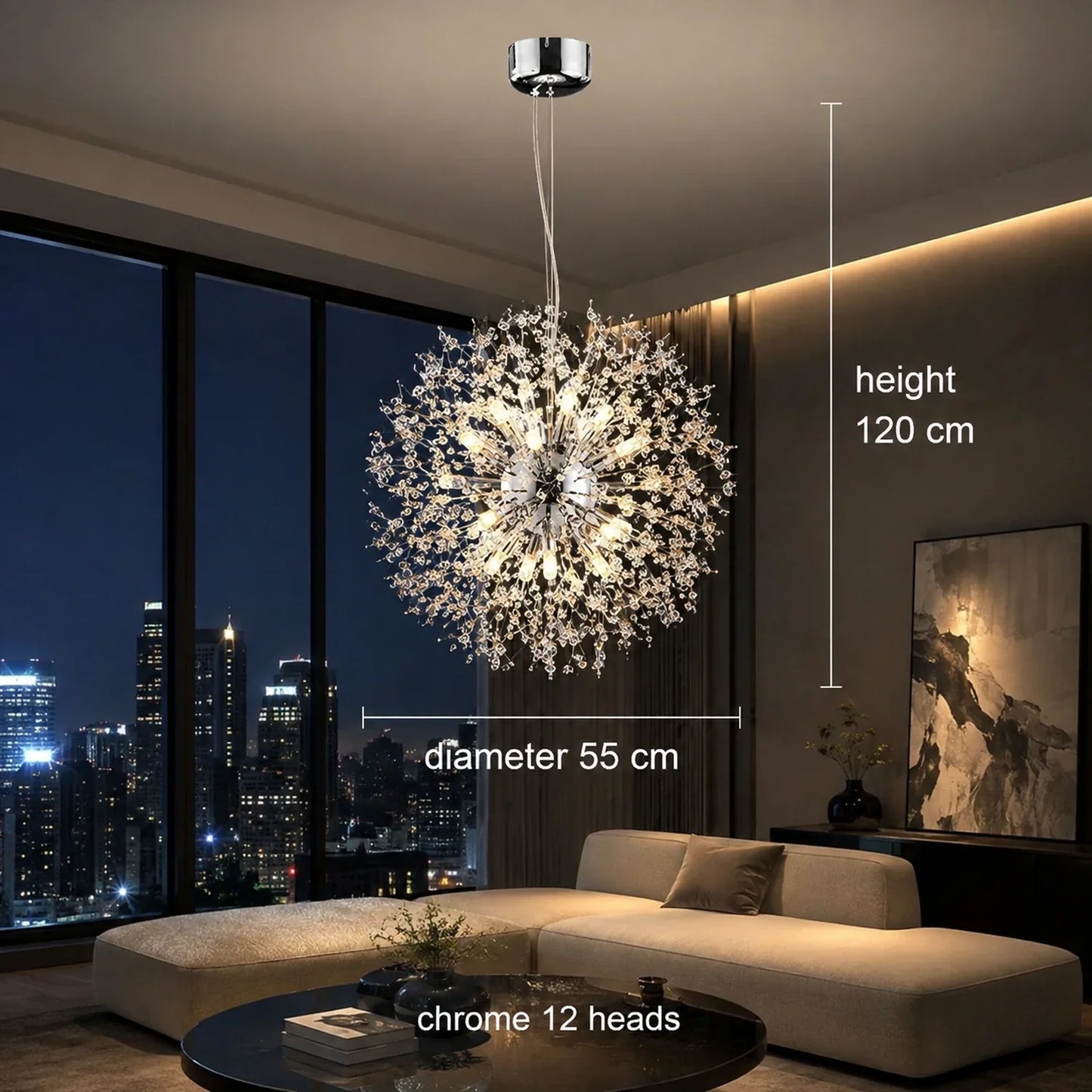 Modern 55cm chrome dandelion LED pendant light with 12 heads, suspended in a contemporary living room with city skyline views at night.