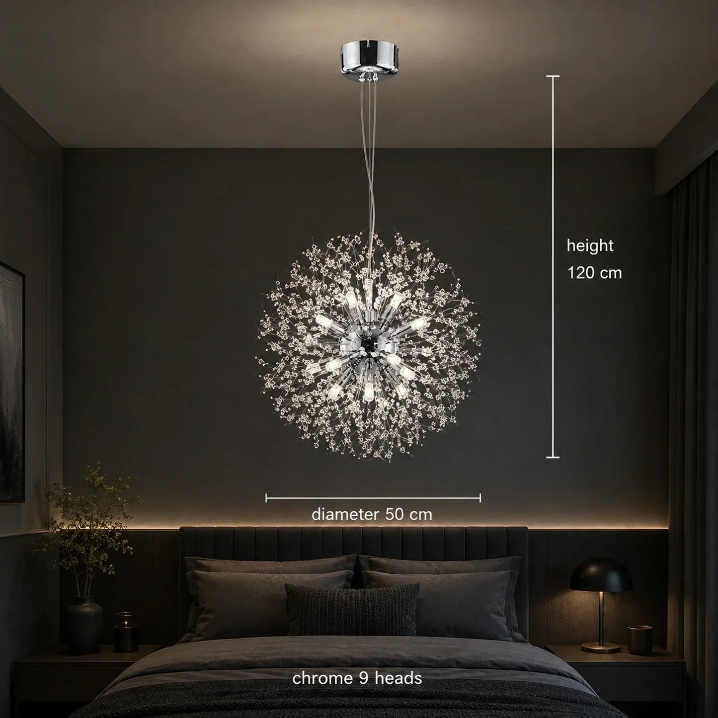 Modern 50cm chrome dandelion LED pendant light with 9 heads, displayed in a contemporary bedroom setting with height and diameter dimensions labelled.