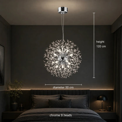 Modern 50cm chrome dandelion LED pendant light with 9 heads, displayed in a contemporary bedroom setting with height and diameter dimensions labelled.