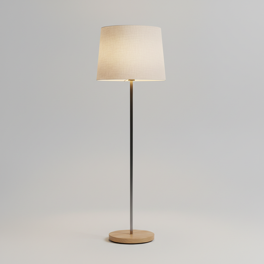 Modern floor lamp with cream shade and slim stem on a round base