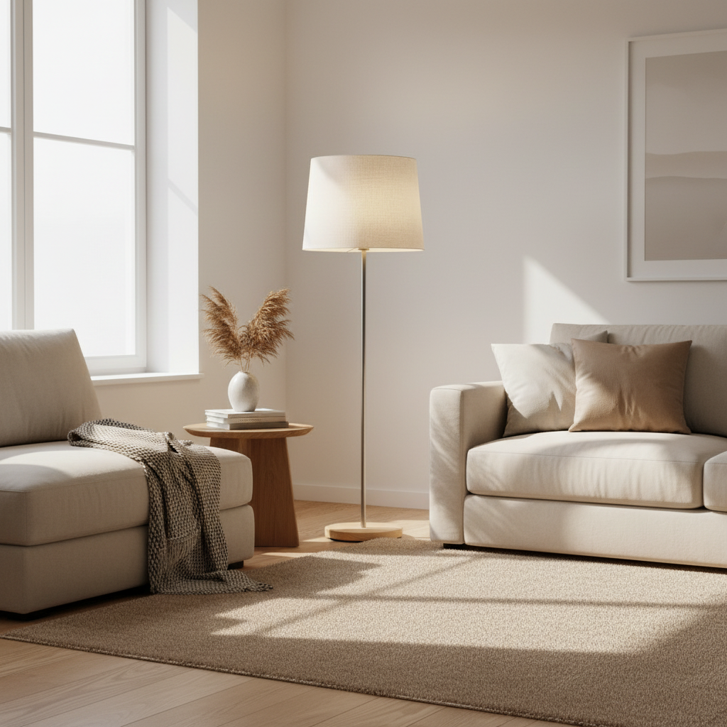 Cream shade floor lamp between sofas in a sunlit living room