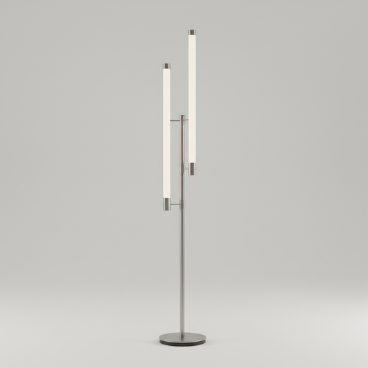 Floor lamp with twin vertical light tubes and a round base