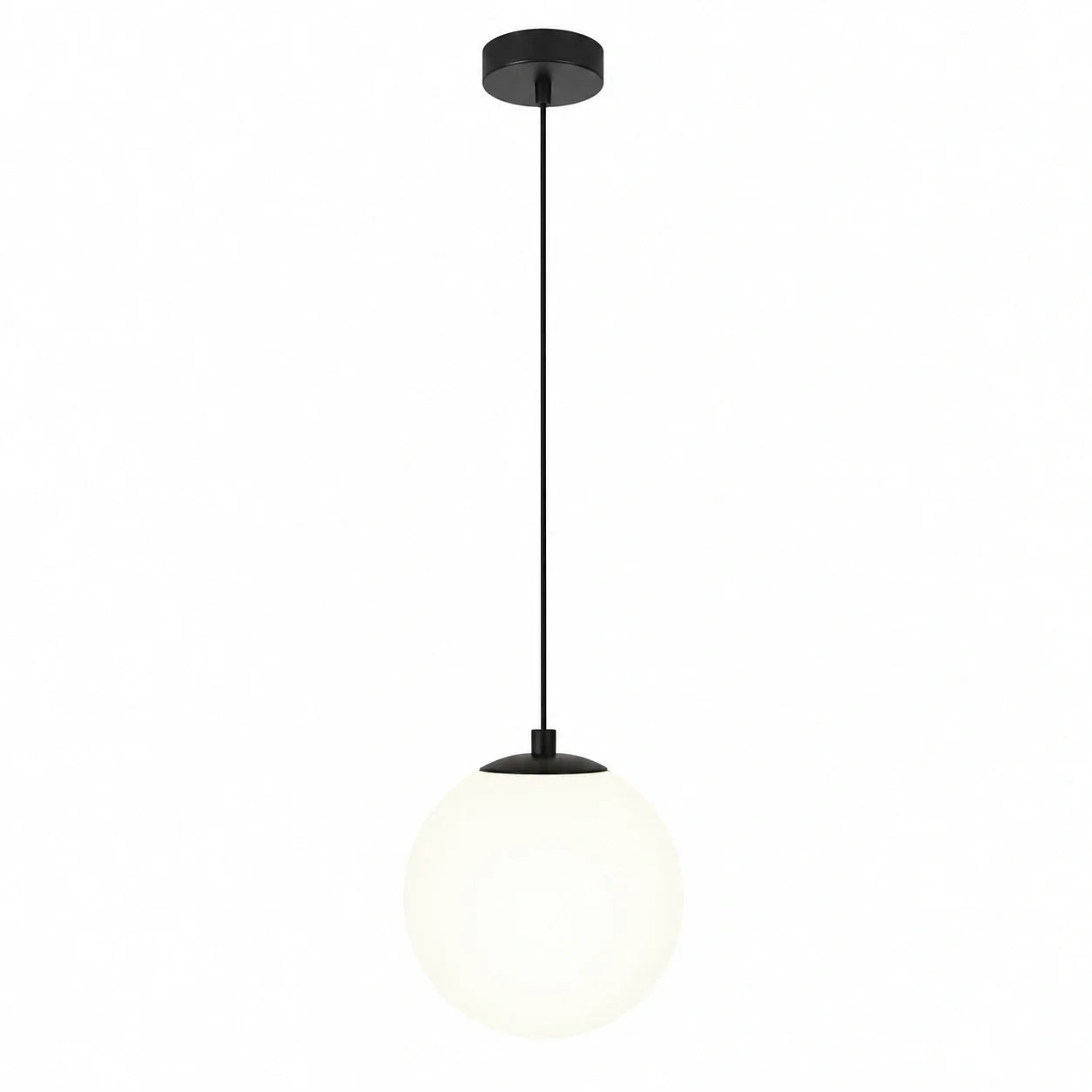 Modern pendant light featuring a spherical white glass globe shade suspended from a sleek black ceiling rose and matching slim cable.