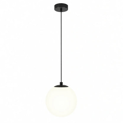 Modern pendant light featuring a spherical white glass globe shade suspended from a sleek black ceiling rose and matching slim cable.