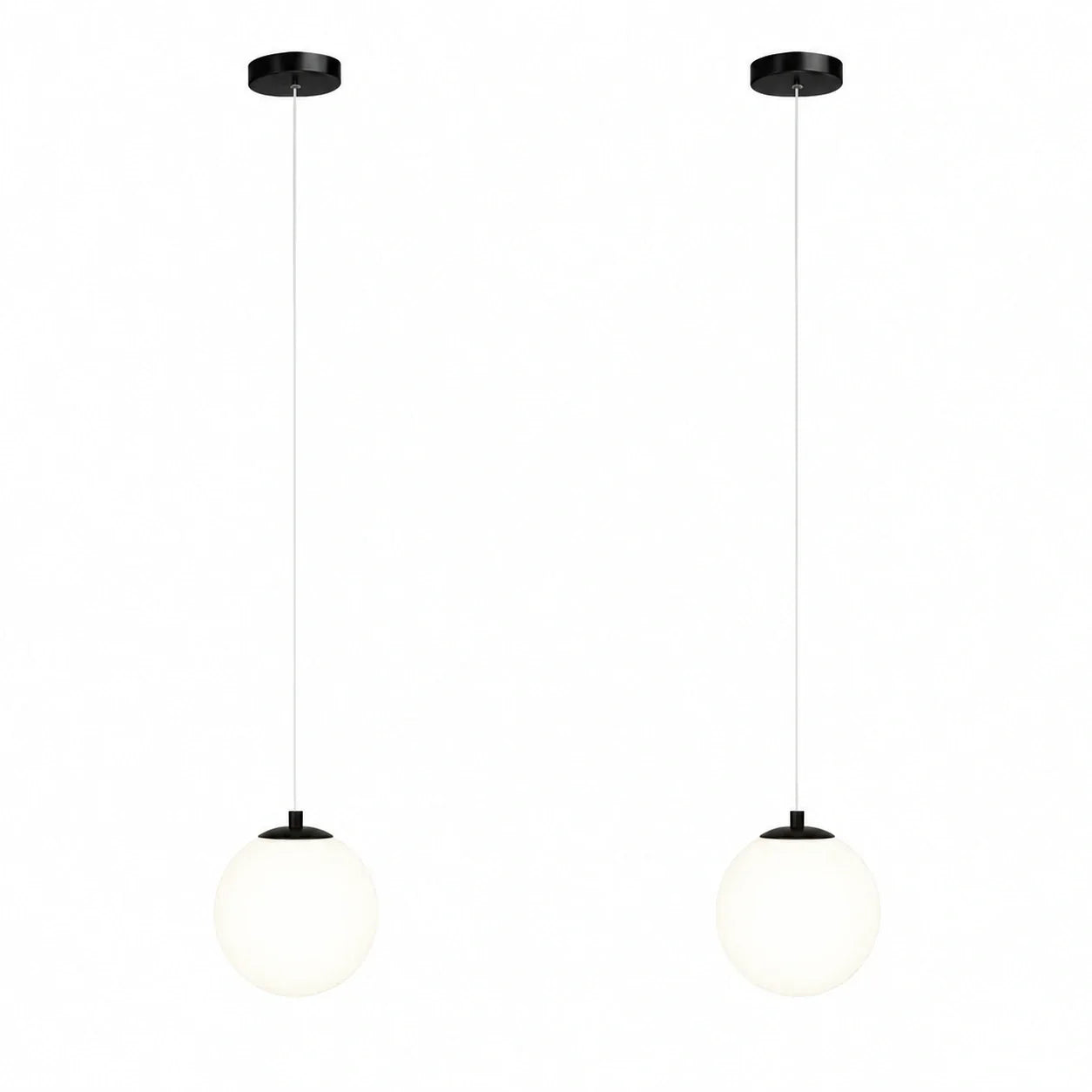 Two modern pendant lights featuring spherical white glass globes suspended from black ceiling mounts on thin white cables against a plain background.