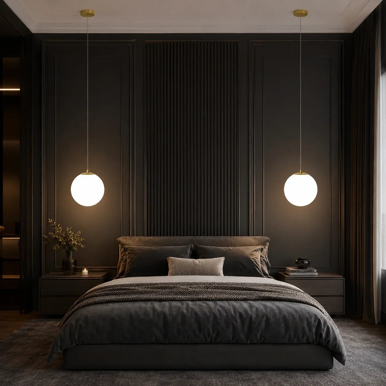 Two modern glass globe pendant lights with warm illumination hanging above bedside tables in a stylish dark grey bedroom interior.