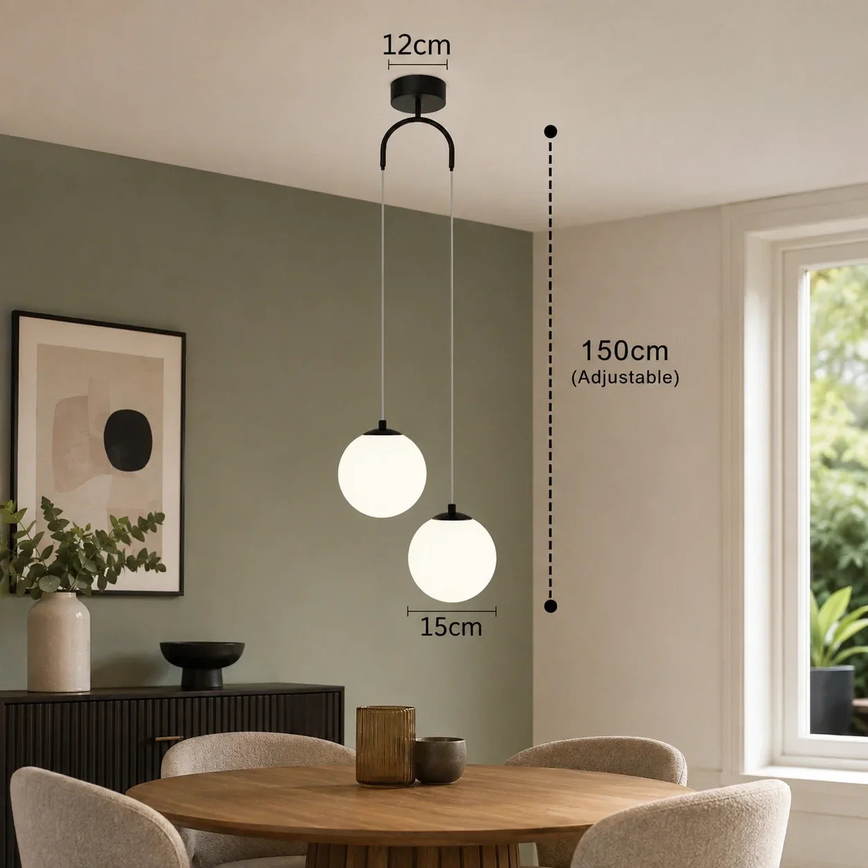Modern black two-head glass globe pendant light with adjustable 150cm drop, shown in a contemporary dining room setting with technical dimension labels.