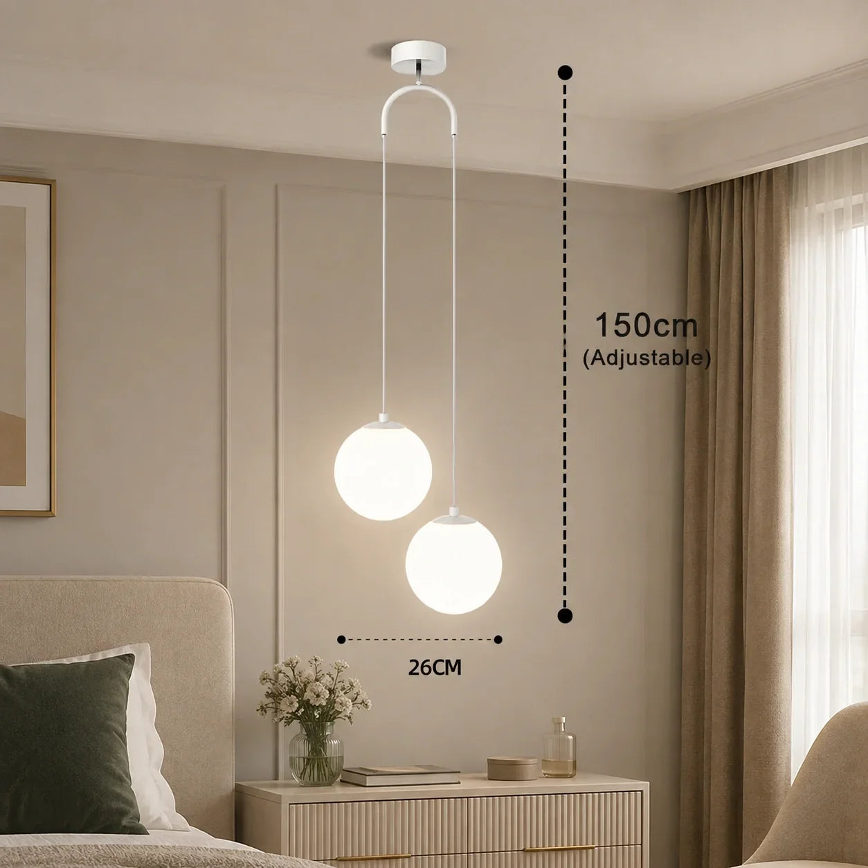 Modern two-head white glass globe pendant light with an adjustable 150cm drop, illuminating a contemporary bedroom interior with soft ambient lighting.