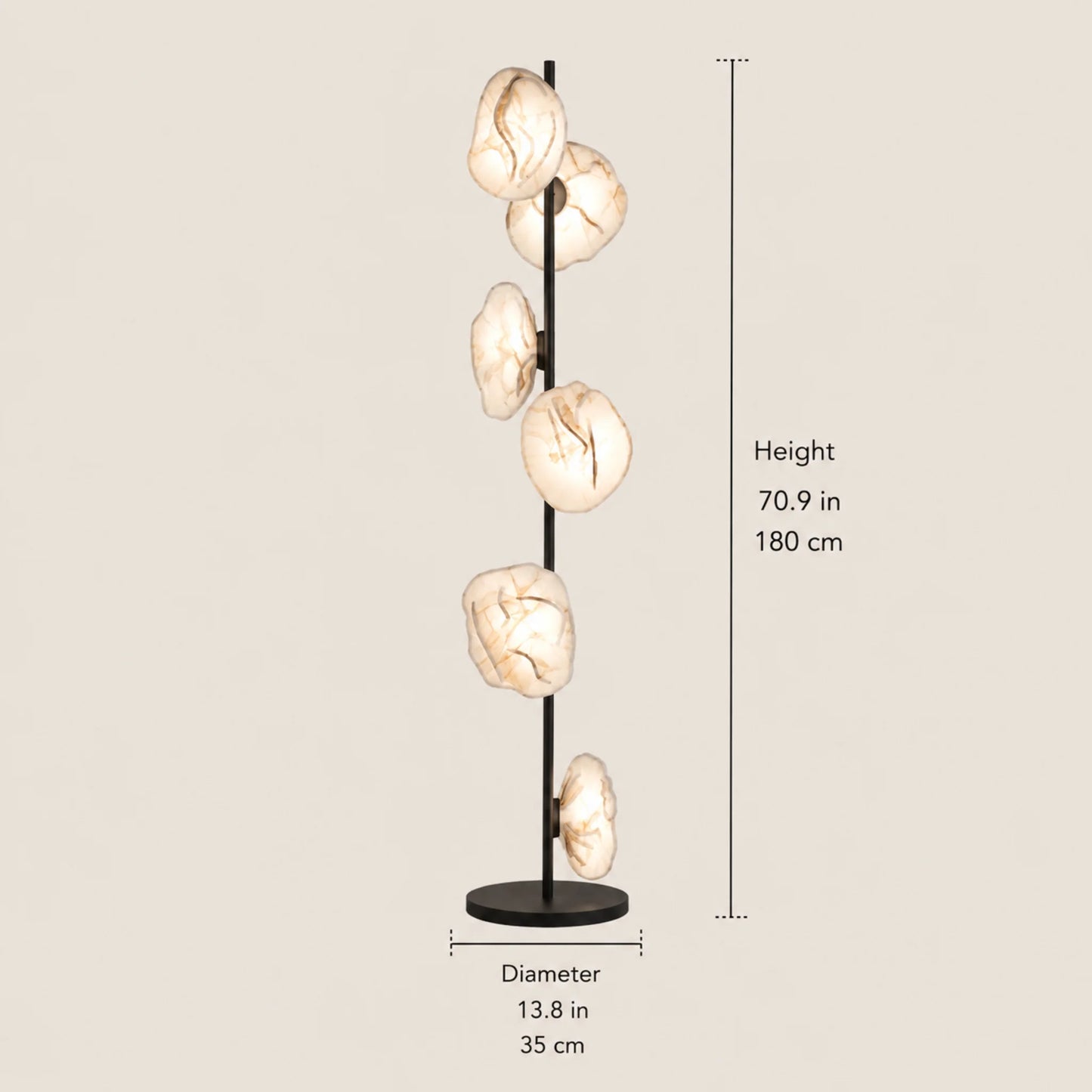 Modern LED floor lamp with a slim black stand and six organic-shaped glass shades, showing height and diameter dimensions for living room lighting.