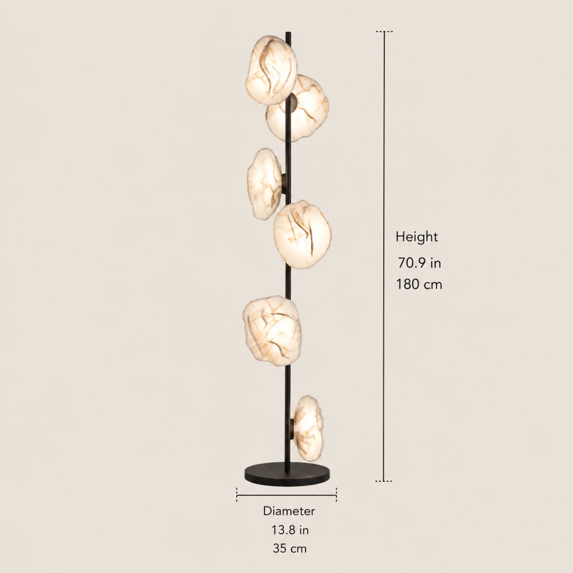 Modern LED floor lamp with a slim black stand and six organic-shaped glass shades, showing height and diameter dimensions for living room lighting.