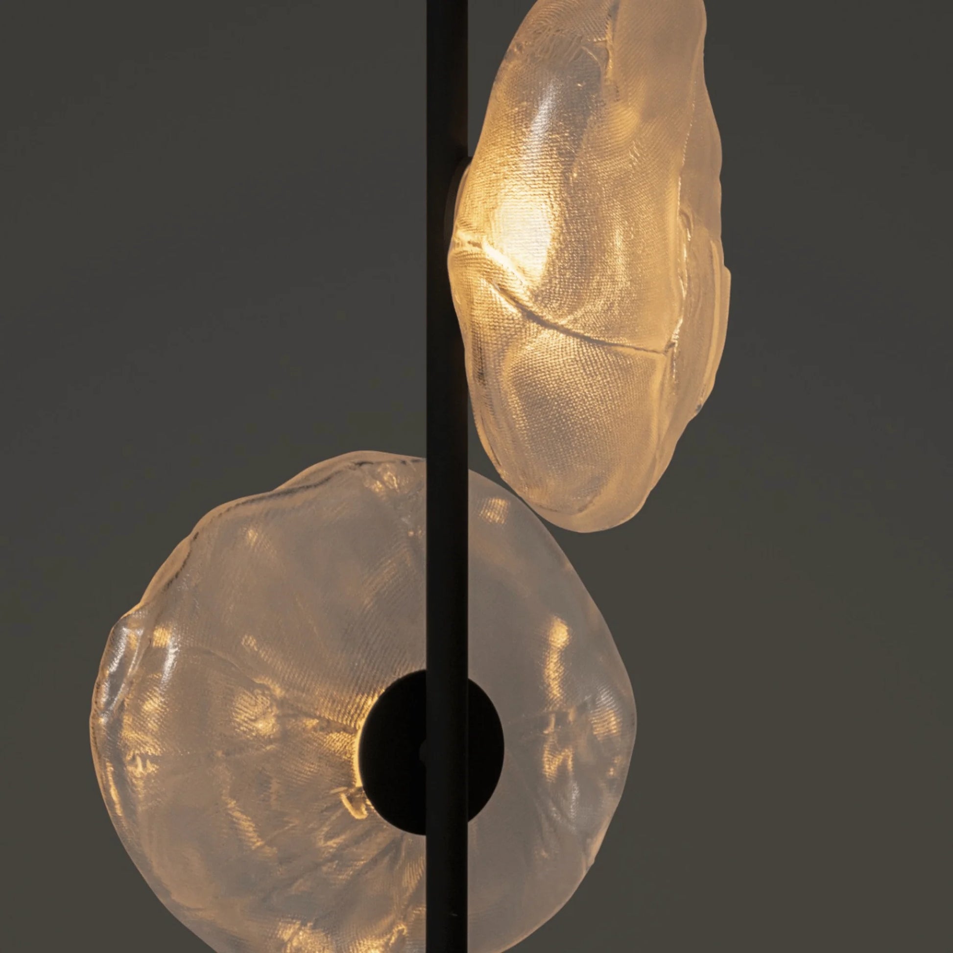 Close-up of a modern LED floor lamp featuring two glowing, textured organic glass shades attached to a sleek dark metal stem, emitting a warm light.