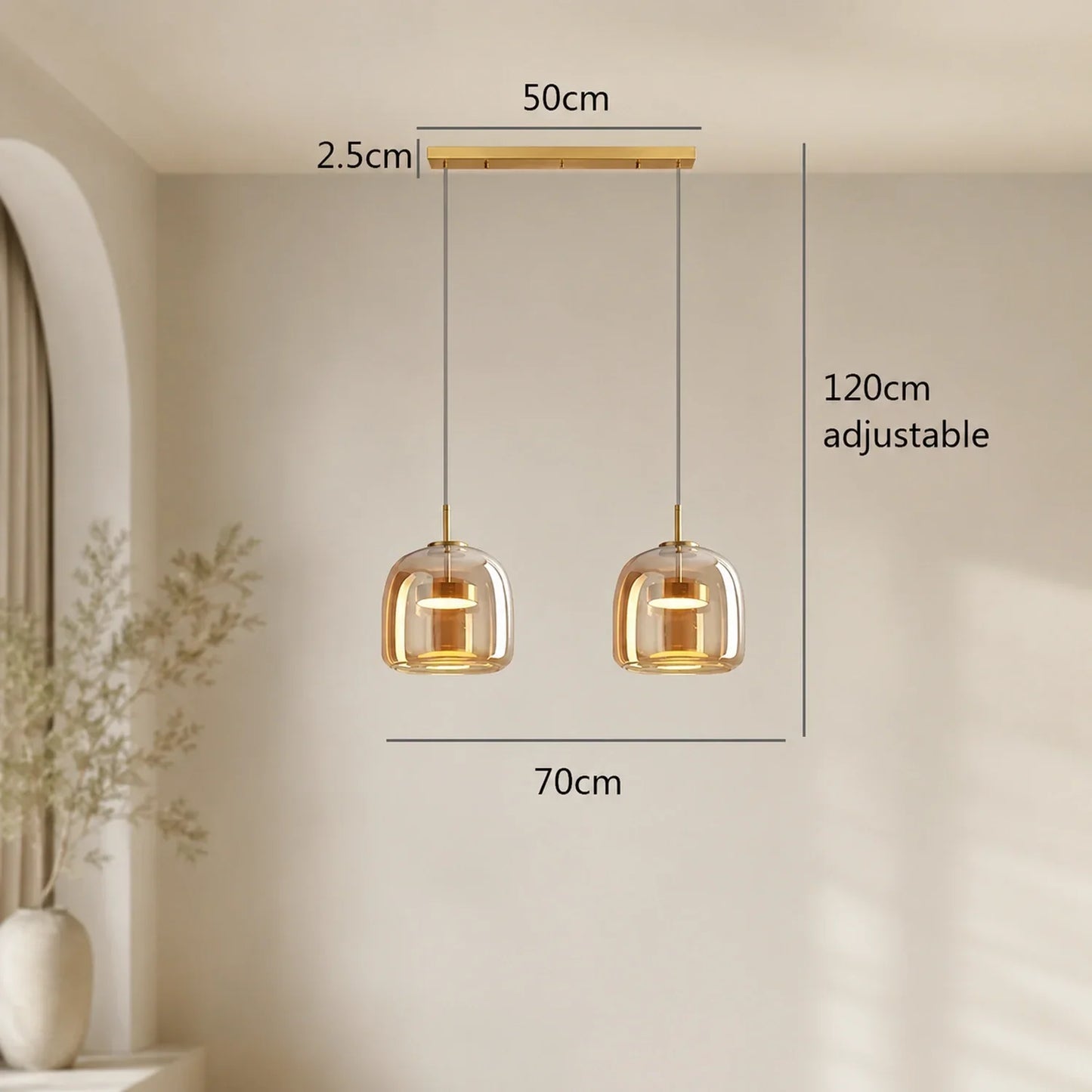 Modern double-head pendant light with amber glass shades and gold accents, featuring technical dimensions for installation in a contemporary interior.