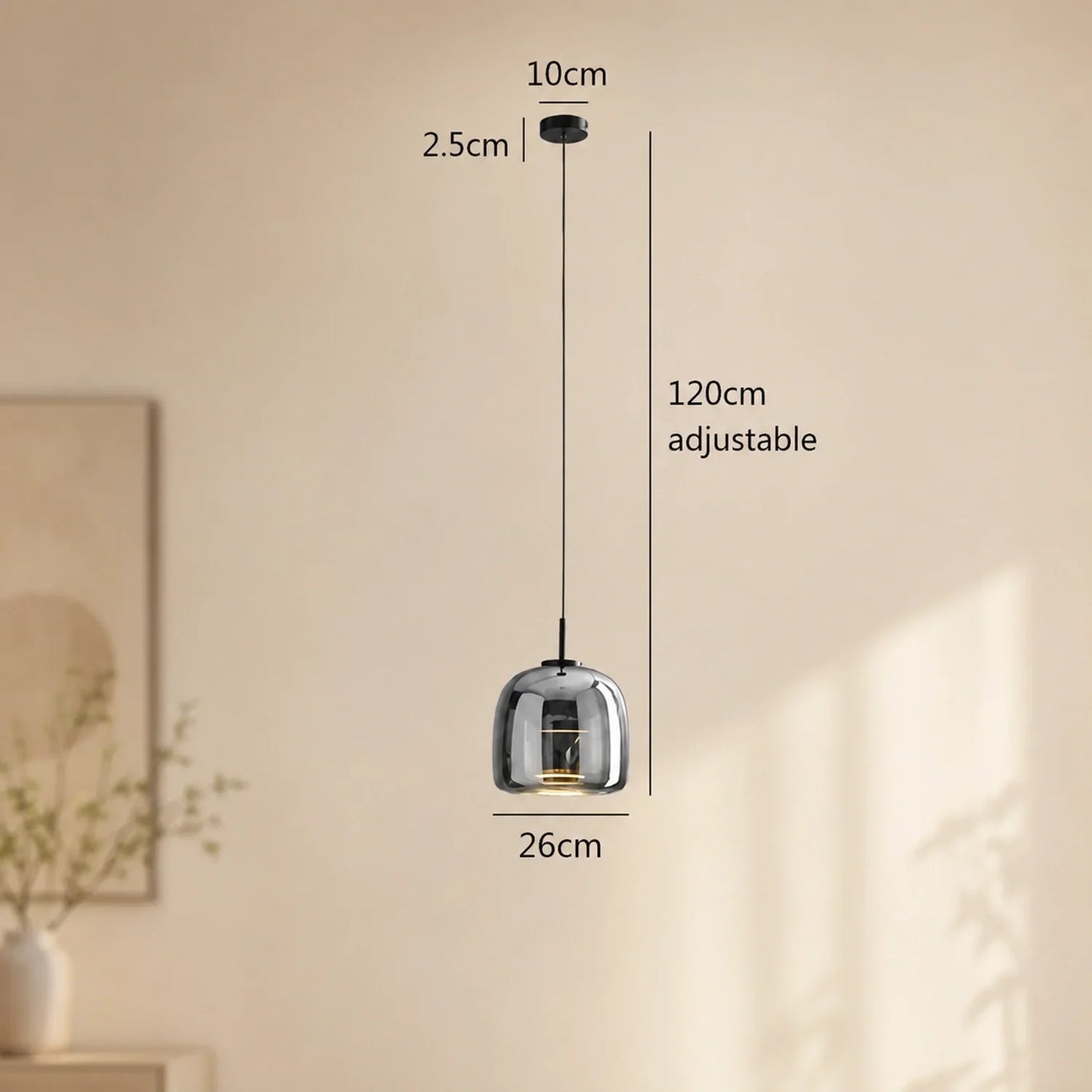 Modern single head pendant light in smoky grey glass with a 26 cm diameter and adjustable 120 cm cable, shown with technical dimension annotations.