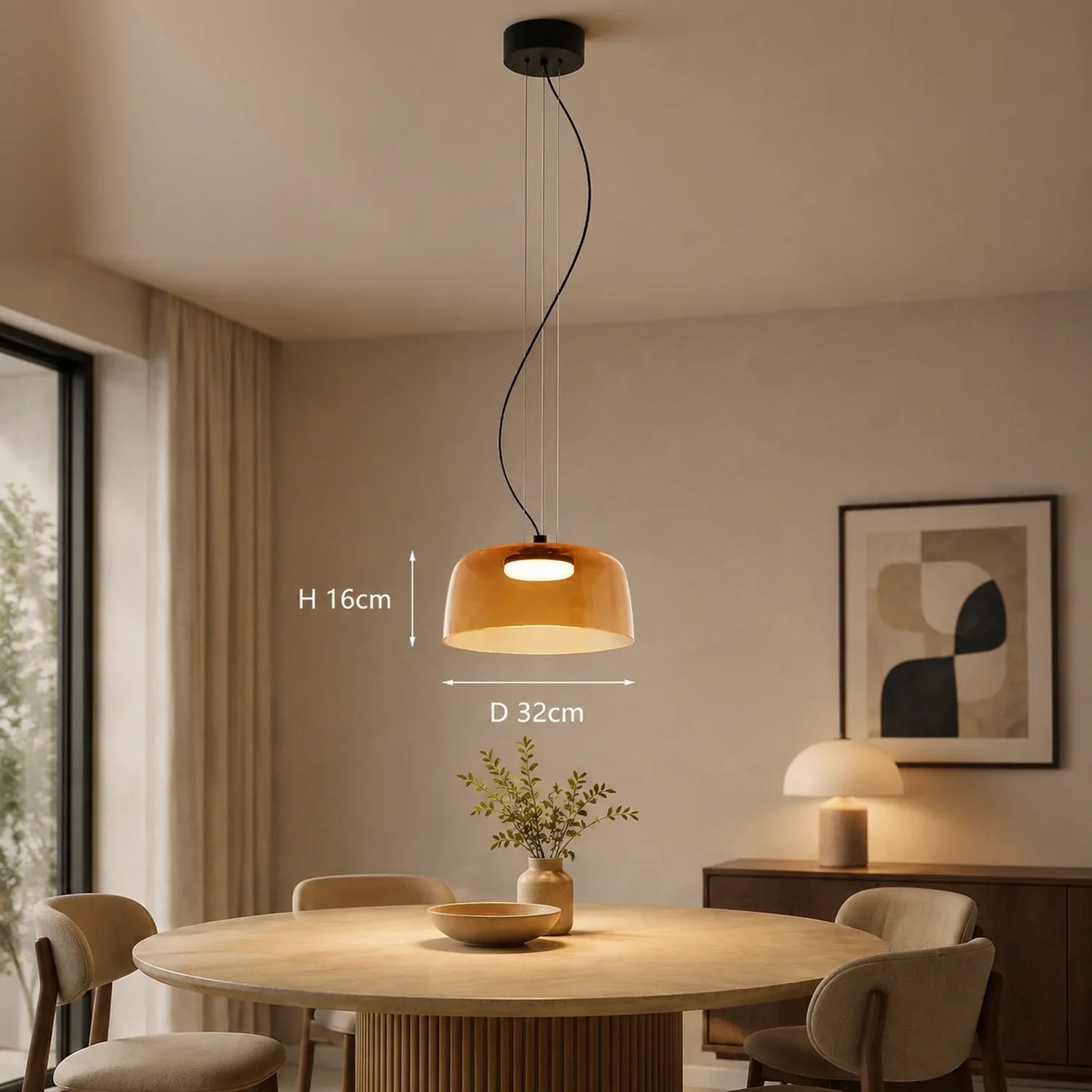 Modern orange glass pendant light with integrated LED, hanging over a round dining table, showing dimensions of 32cm diameter and 16cm height.