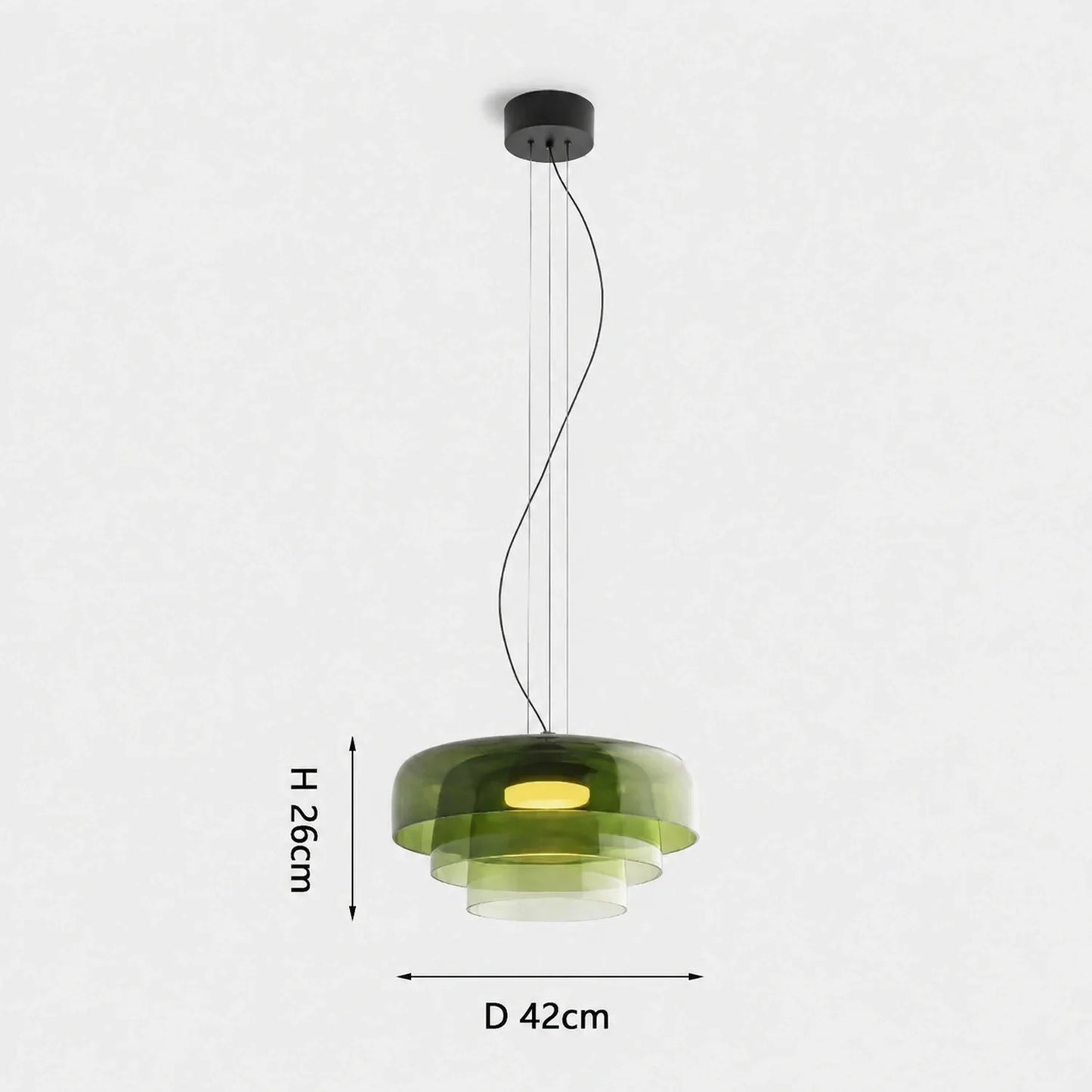 Modern 3-layer green glass pendant light with integrated LED, measuring 42cm in diameter and 26cm in height, suitable for contemporary dining rooms.