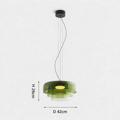 Modern 3-layer green glass pendant light with integrated LED, measuring 42cm in diameter and 26cm in height, suitable for contemporary dining rooms.