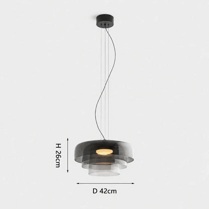 Modern 3-layer grey glass pendant light with integrated LED, 42cm diameter and 26cm height, suitable for contemporary dining room or kitchen lighting.