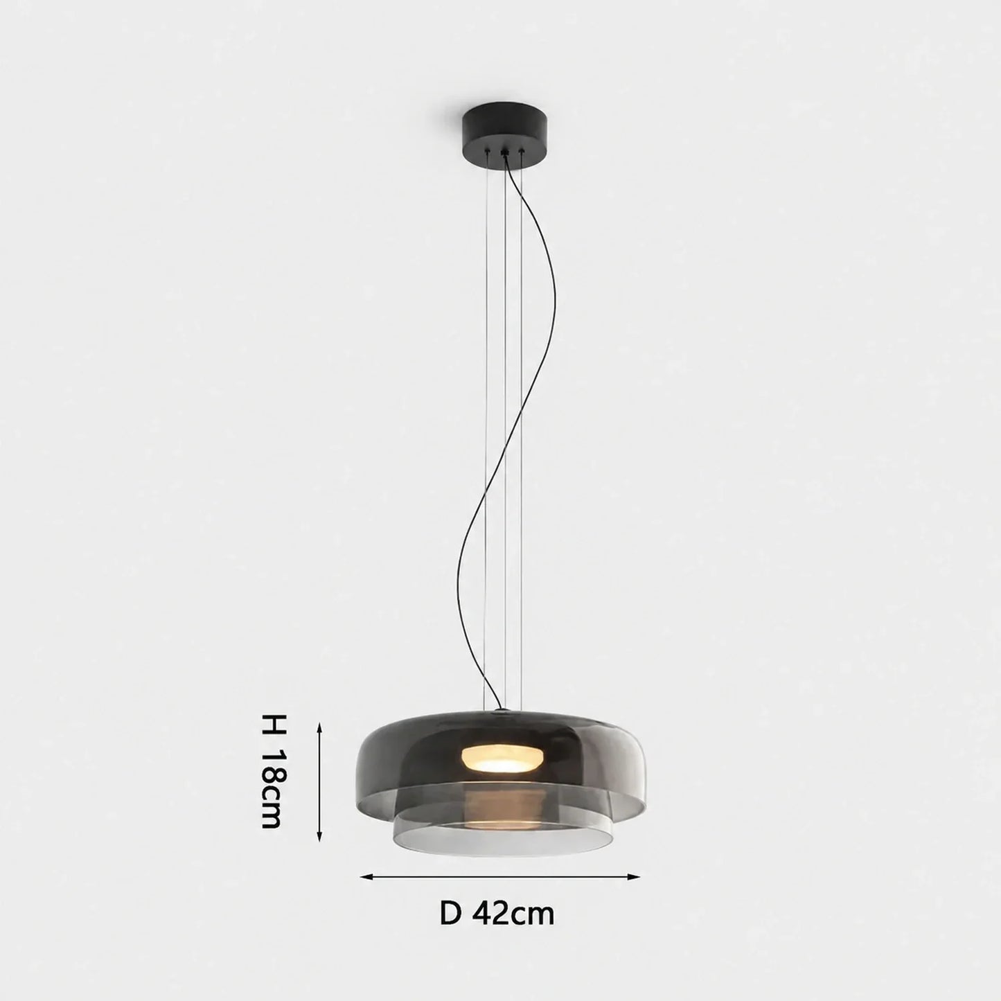 Modern two-layer grey glass pendant light with integrated LED, featuring a 42cm diameter and 18cm height, suspended by thin cables against a white backgrou