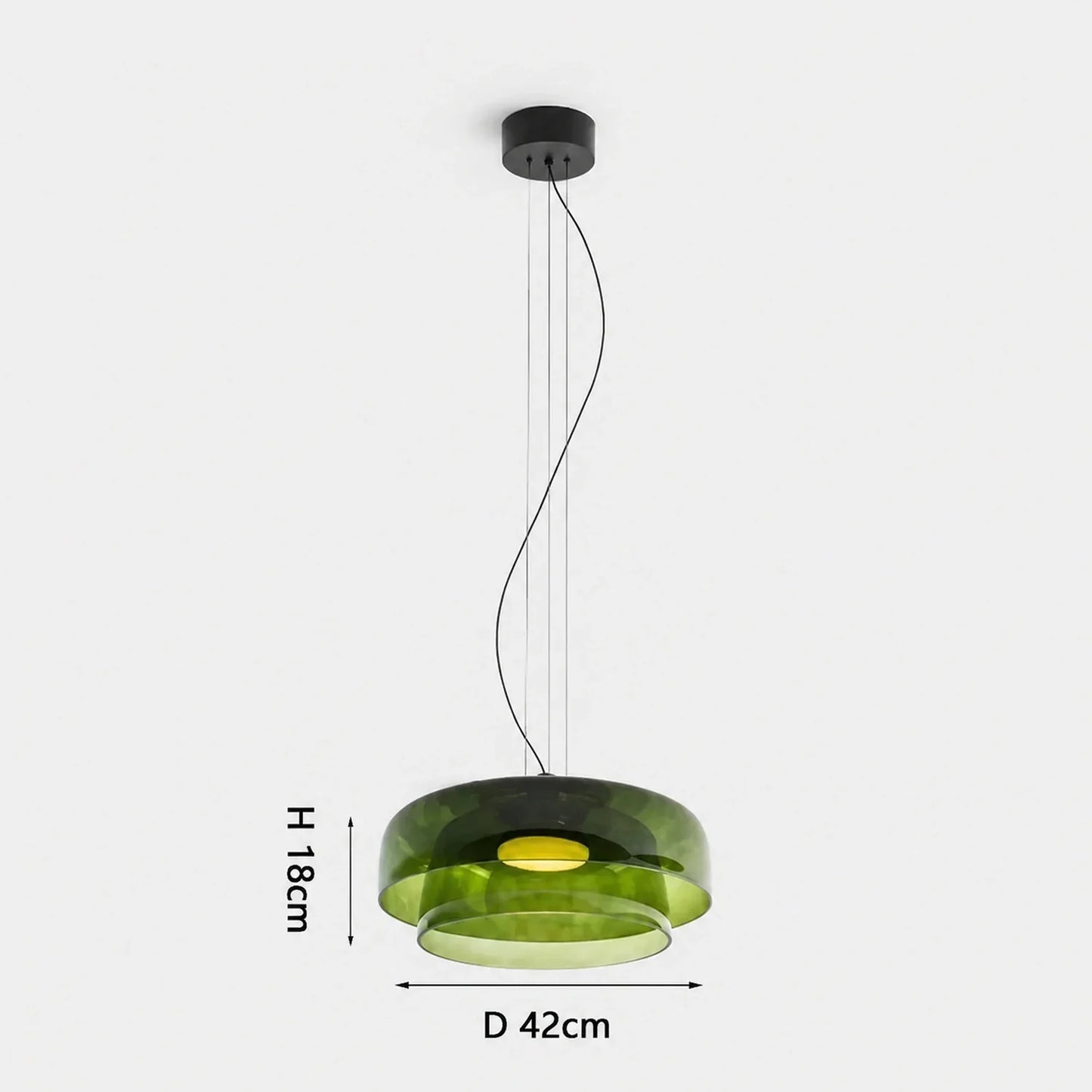 Modern two-layer green glass pendant light with integrated LED, featuring a 42cm diameter and 18cm height, perfect for contemporary dining room lighting.