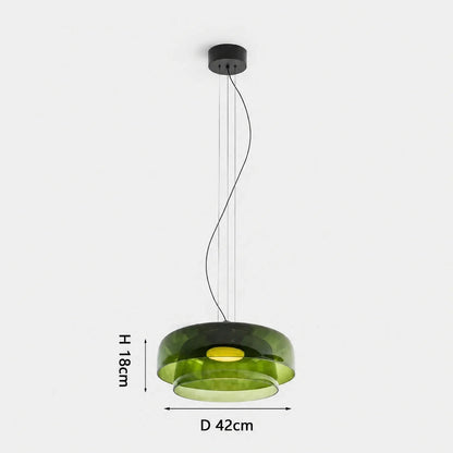 Modern two-layer green glass pendant light with integrated LED, featuring a 42cm diameter and 18cm height, perfect for contemporary dining room lighting.