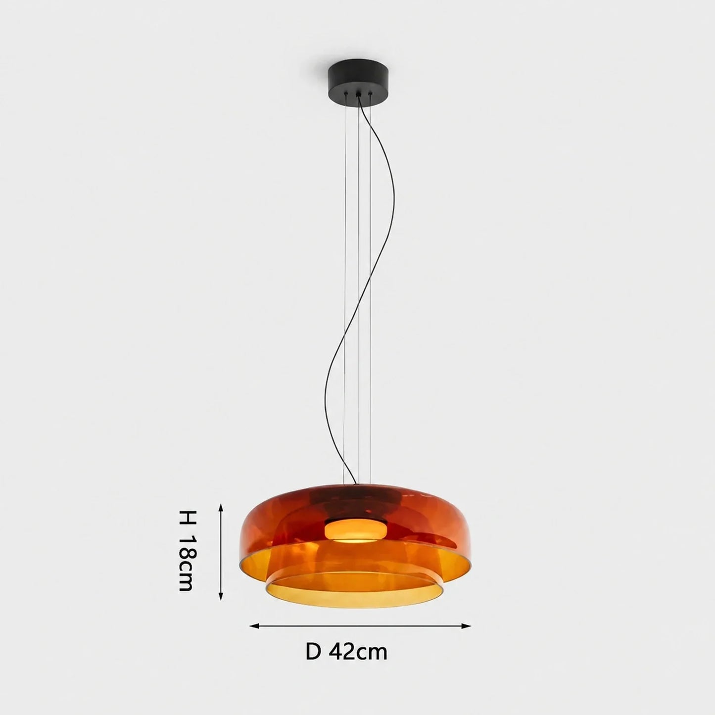Modern two-layer orange glass pendant light with integrated LED, measuring 42cm in diameter and 18cm in height, ideal for contemporary dining rooms.