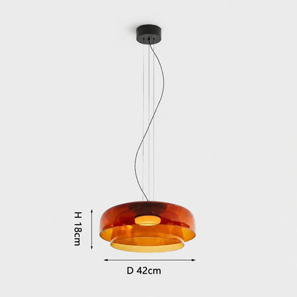 Modern two-layer orange glass pendant light with integrated LED, measuring 42cm in diameter and 18cm in height, ideal for contemporary dining rooms.