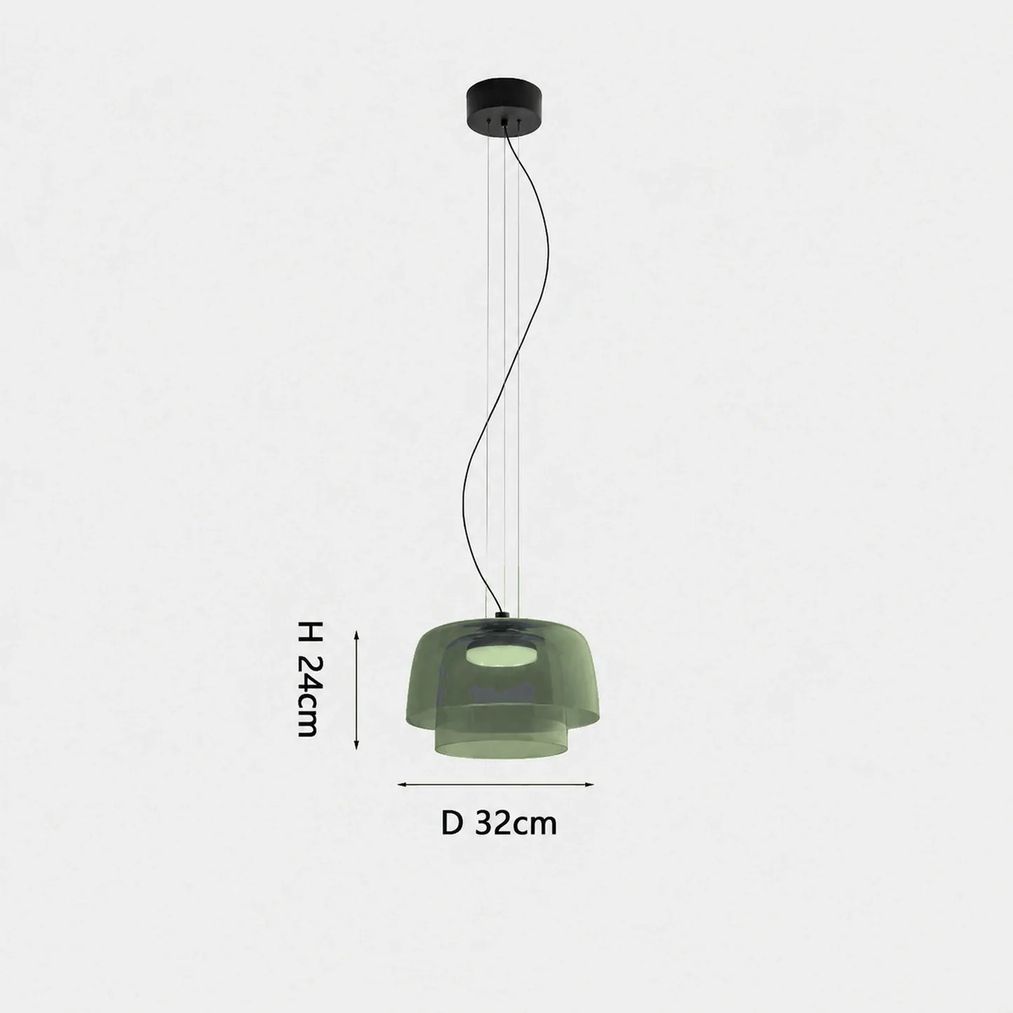 Modern 2-layer green glass pendant light with integrated LED, featuring a 32cm diameter and 24cm height, suspended by a sleek black ceiling mount.