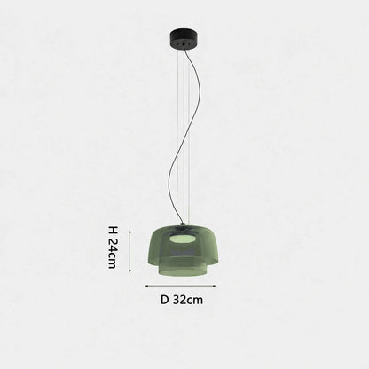 Modern 2-layer green glass pendant light with integrated LED, featuring a 32cm diameter and 24cm height, suspended by a sleek black ceiling mount.