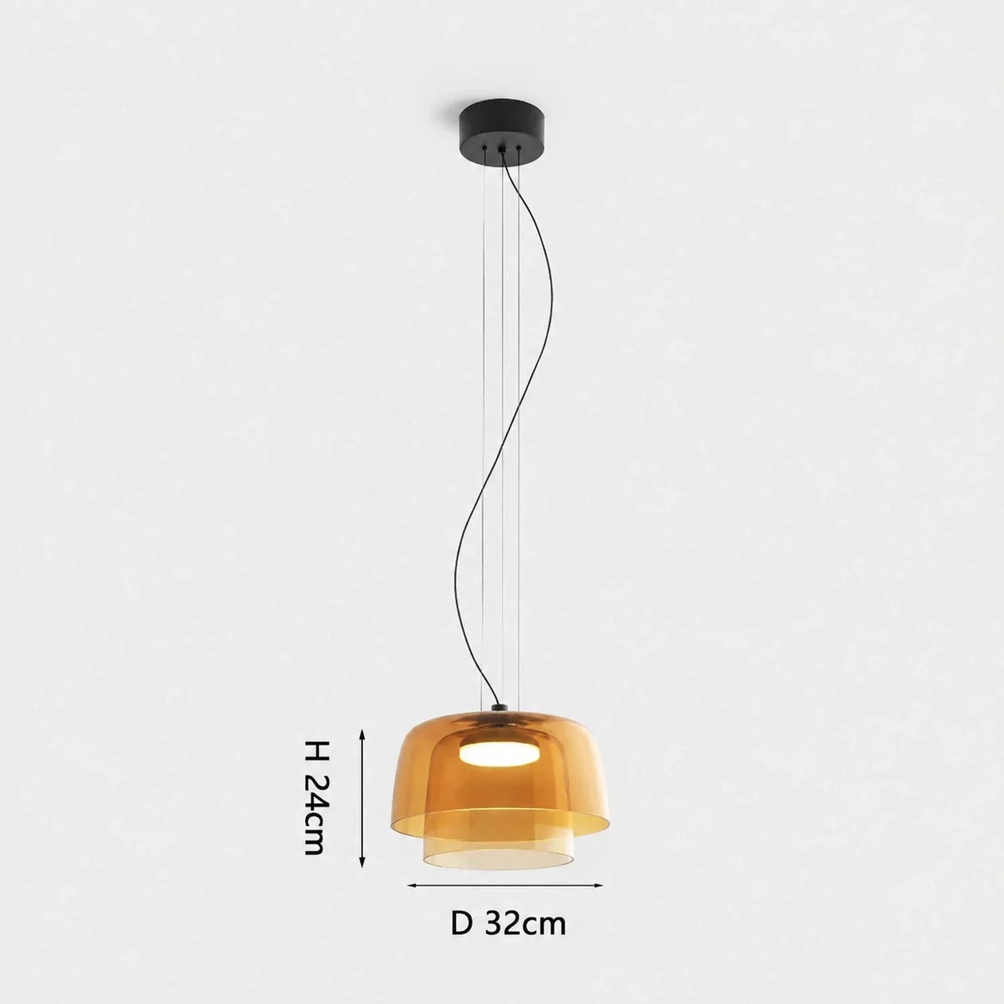 Modern 2-layer orange glass pendant light with integrated LED, measuring 32cm in diameter and 24cm in height, suspended by a black ceiling canopy.
