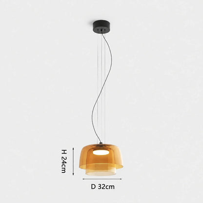 Modern 2-layer orange glass pendant light with integrated LED, measuring 32cm in diameter and 24cm in height, suspended by a black ceiling canopy.