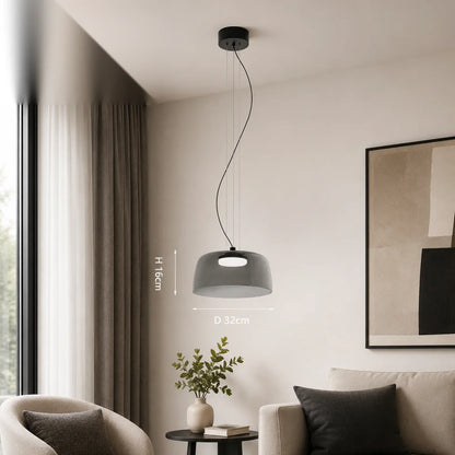 Modern 32cm diameter gray glass pendant light with integrated LED, suspended in a contemporary living room setting with dimensions shown for scale.