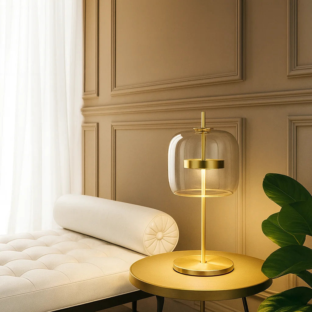 Modern table lamp with a clear glass dome shade and a brushed gold metal base, placed on a round side table in a stylish, neutral-toned living room.